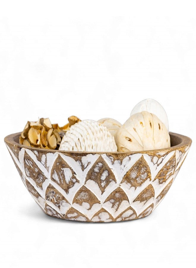 Mie Creations 10'' Decorative Wooden Bowl, Wood Serving Bowl for Fruits, Salad, Desserts, Snacks, Popcorn, Kitchen Counter | Rustic Table Centerpiece Thanksgiving Christmas Decor- 10x3 inch Whitewash - Image 1
